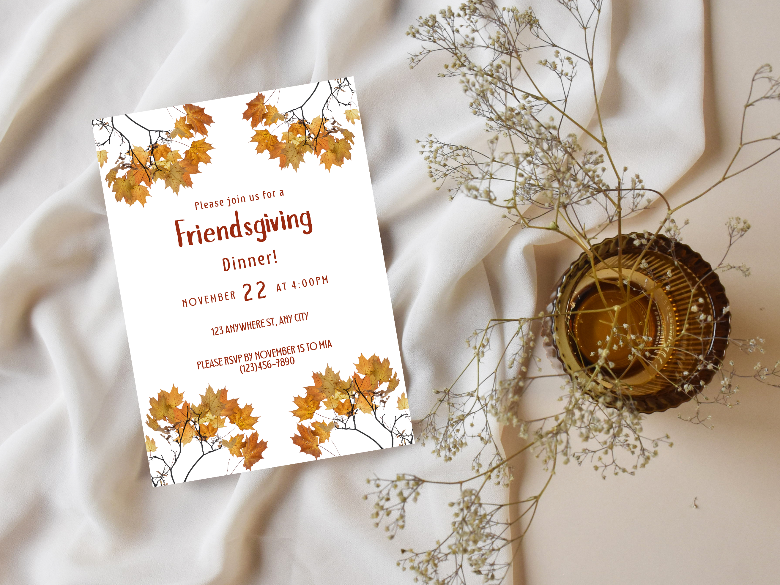 Minimalistic Fall Friendsgiving Dinner Party Digital Invitation (Printable & Mobile versions included)