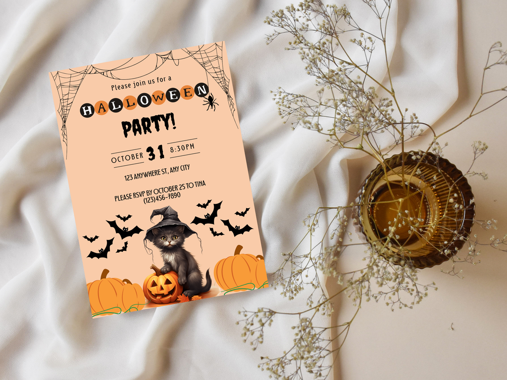 Halloween party invitation with a cat in a witch hat and pumpkins on a textured fabric background.