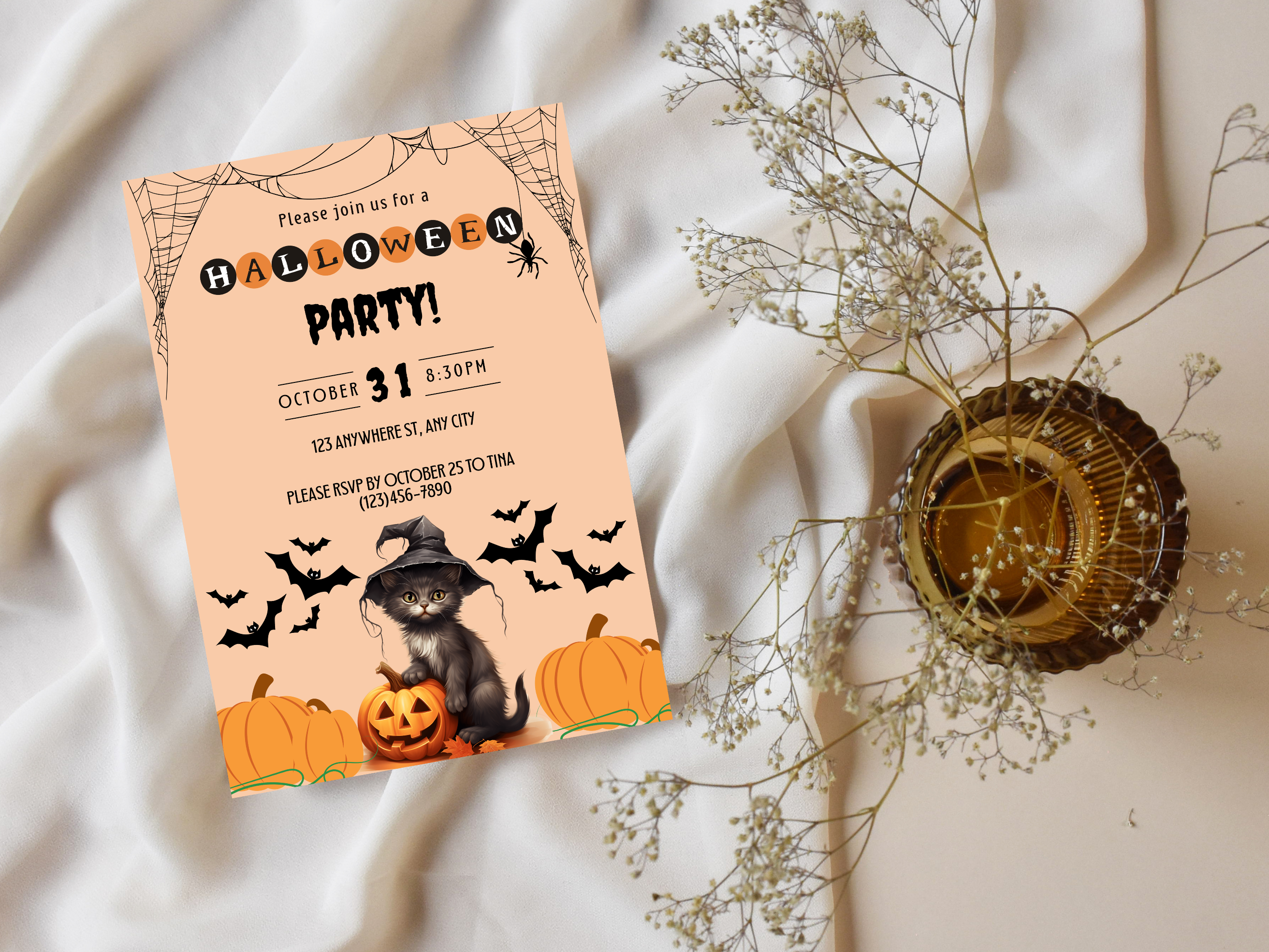 Halloween party invitation with a cat in a witch hat and pumpkins on a textured fabric background.