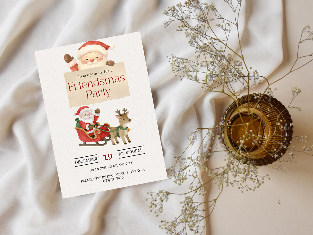 Christmas party invitation with Santa Claus and reindeer on a white fabric background