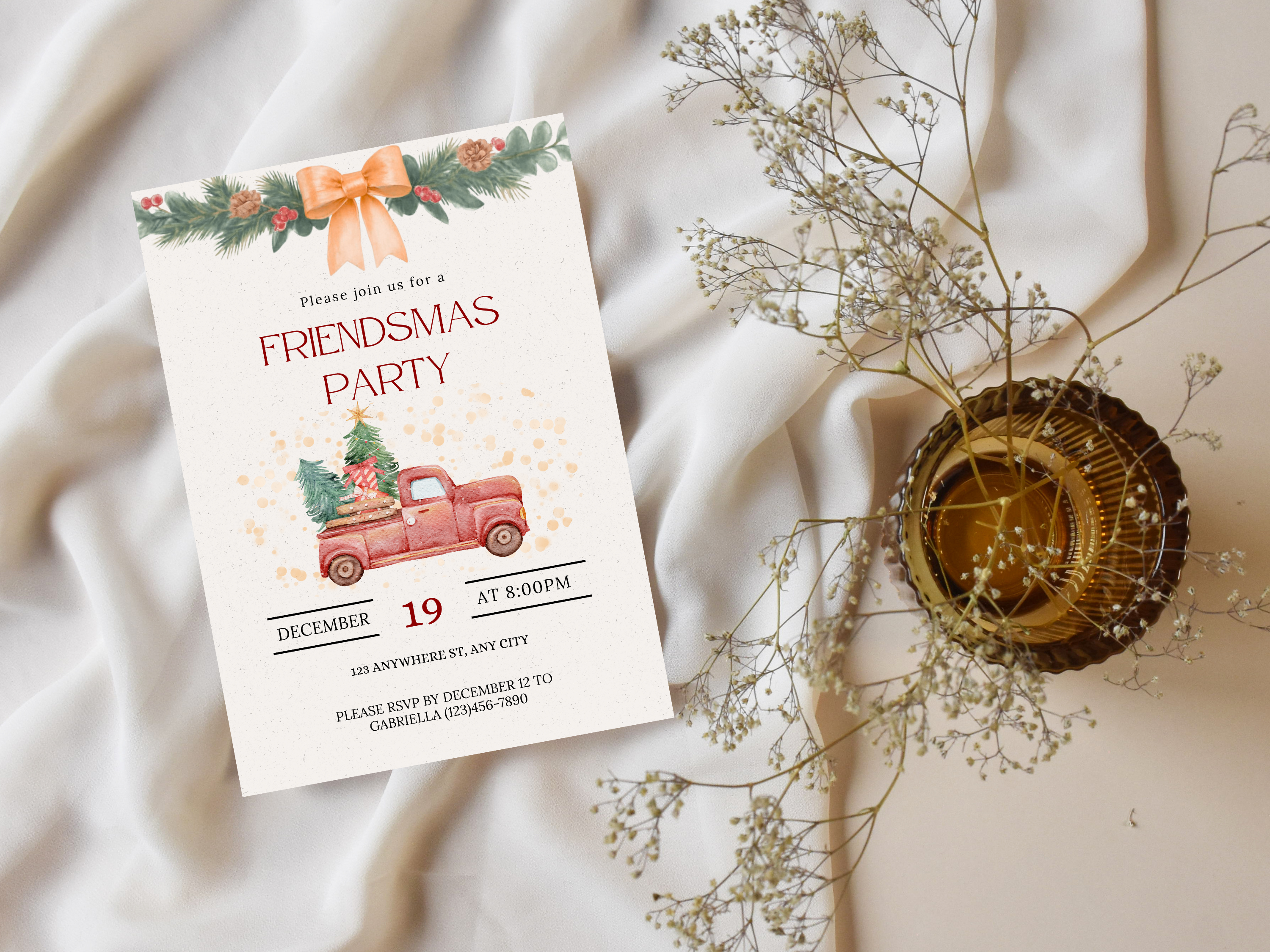 Christmas party invitation with a red truck and tree on a white background, surrounded by decorative elements.