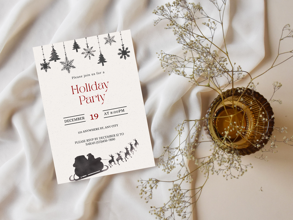 Holiday party invitation with Christmas-themed design on a soft fabric background