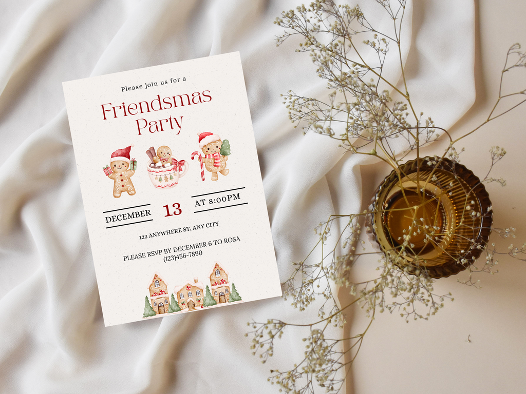 Friendsmas party invitation with festive design on a white fabric background