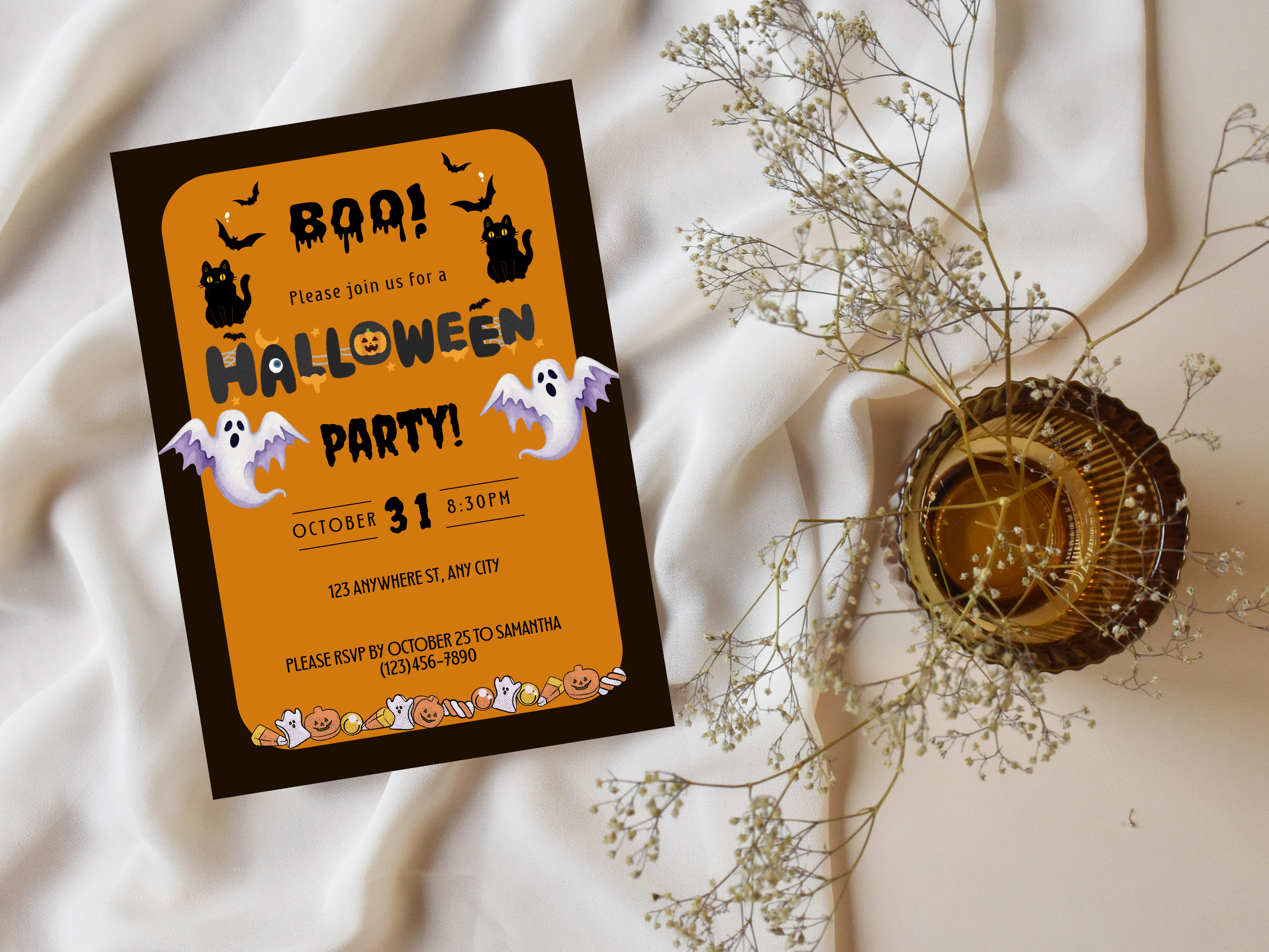 Halloween party invitation with ghost, cat, and bat graphics on an orange background.