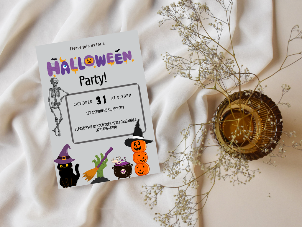 Halloween party invitation card with festive illustrations on a soft fabric background.