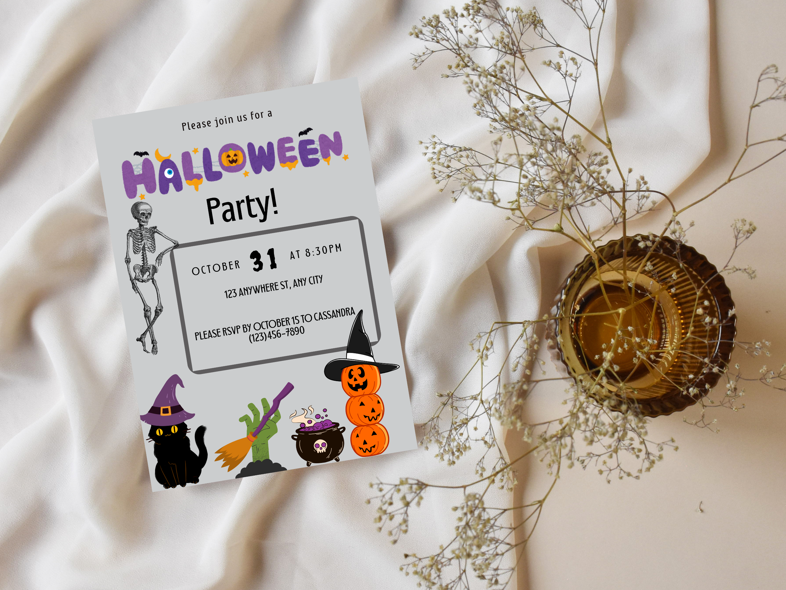 Halloween party invitation card with festive illustrations on a soft fabric background.