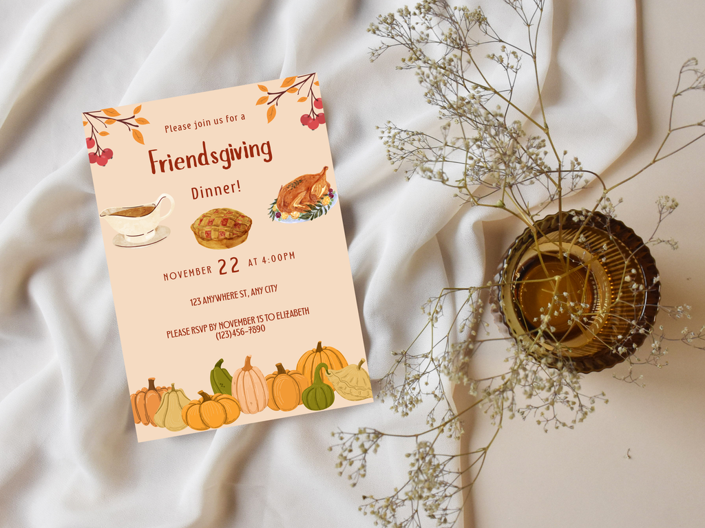 Friendsgiving dinner invitation with fall-themed graphics on a soft fabric background