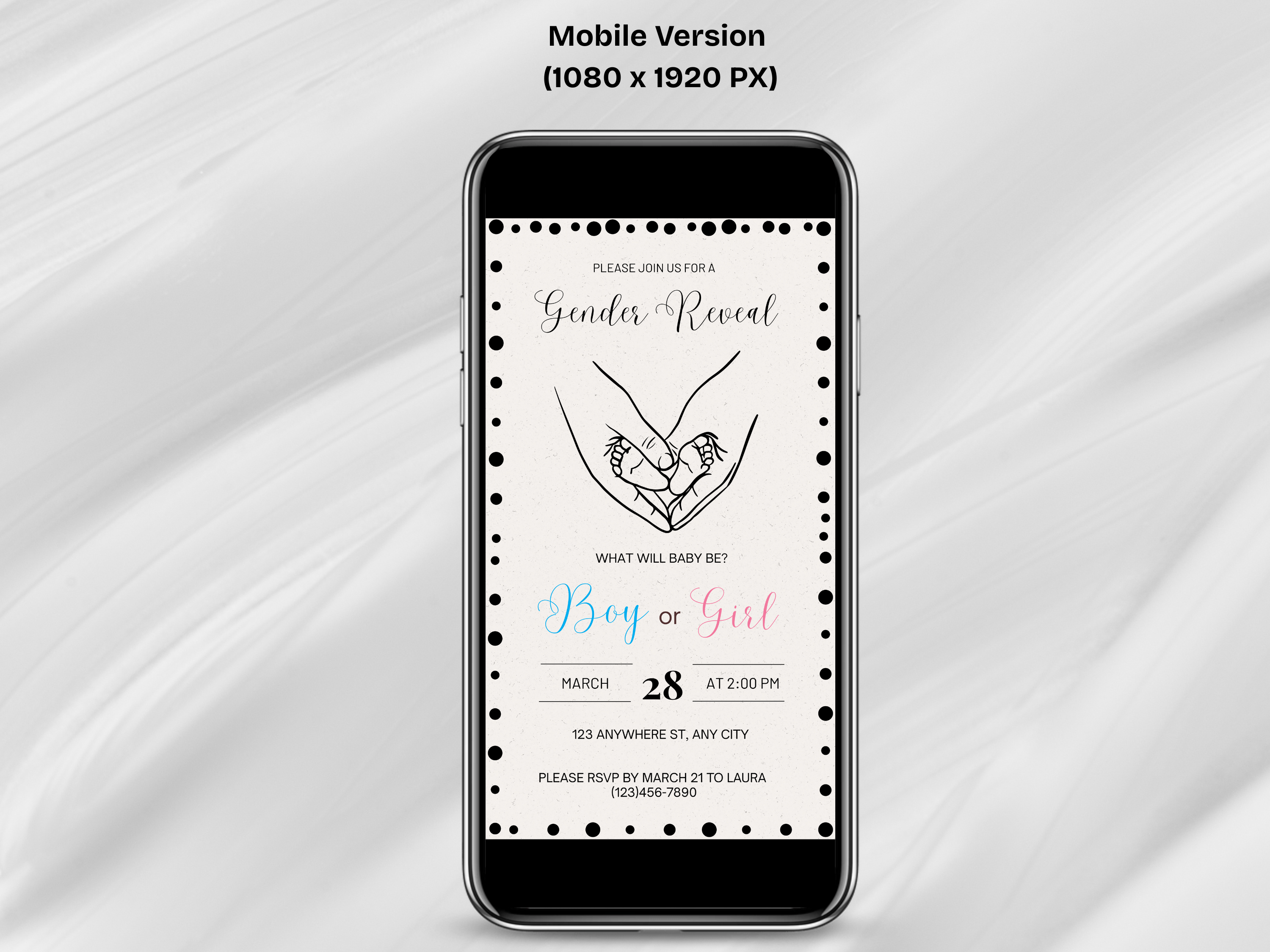 Phone screen displaying a gender reveal invitation on a white fabric background