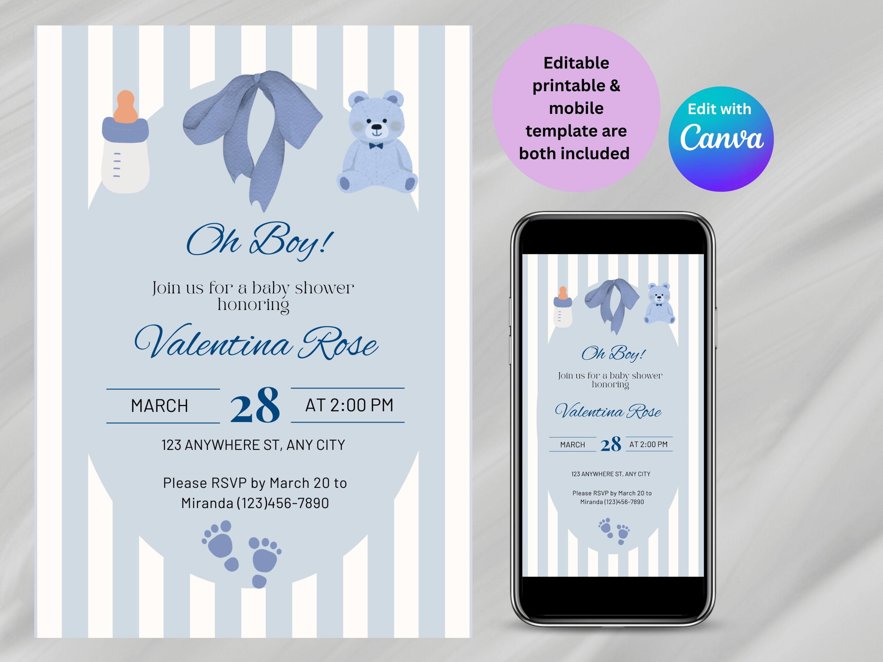 Baby shower invitation with teddy bear and bottle design, displayed on a phone screen.