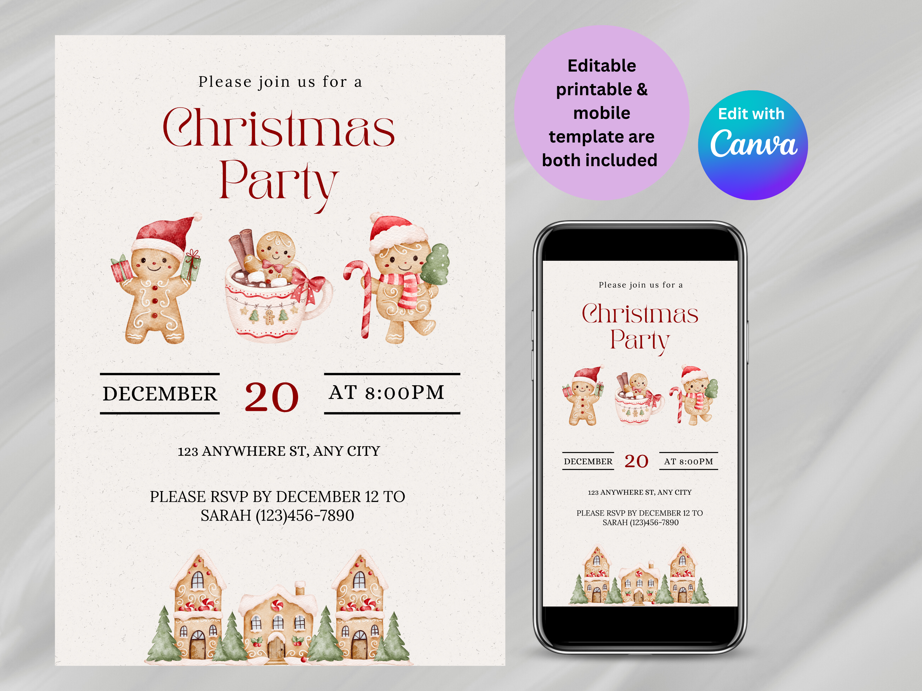 Christmas party invitation with festive graphics on a smartphone and paper.