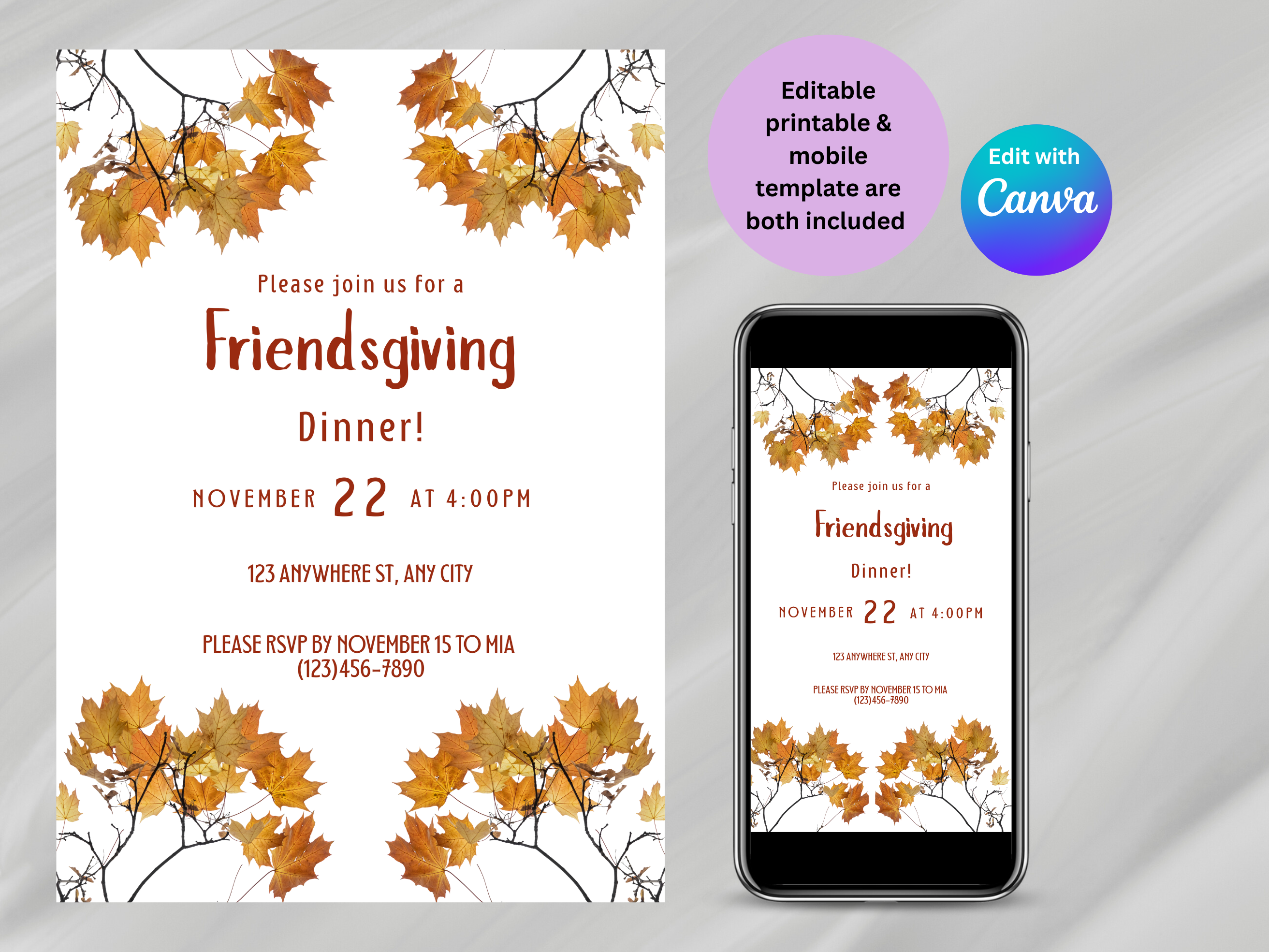 Minimalistic Fall Friendsgiving Dinner Party Digital Invitation (Printable & Mobile versions included)