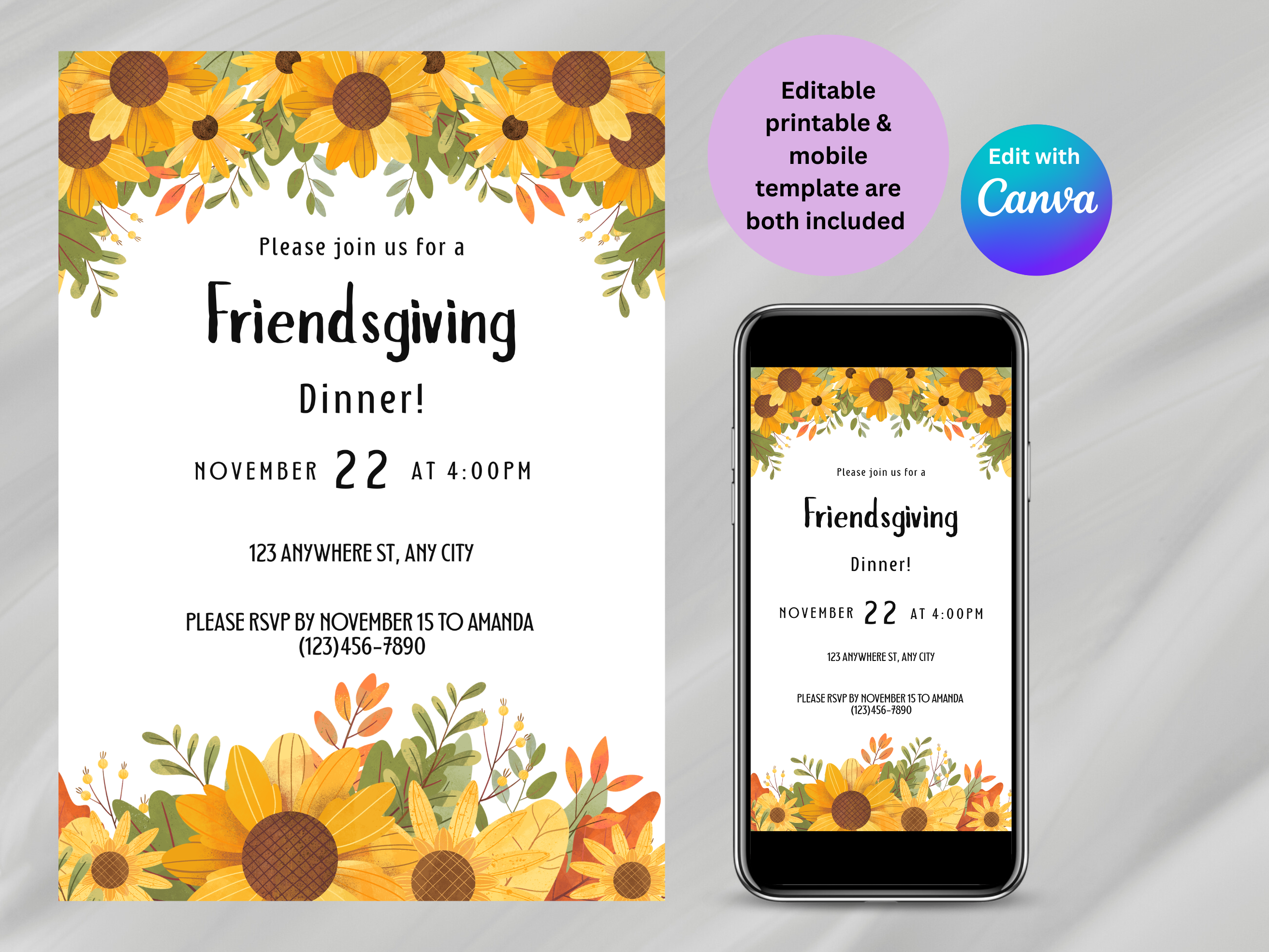 Friendsgiving dinner invitation with sunflowers on a smartphone screen