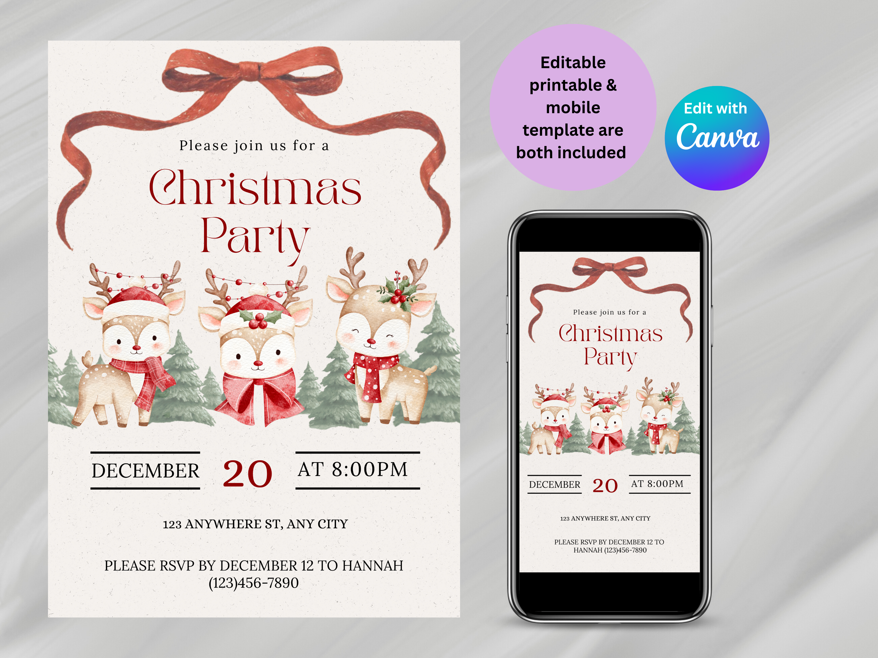 Christmas party invitation with reindeer graphics on a smartphone screen, featuring Canva branding.