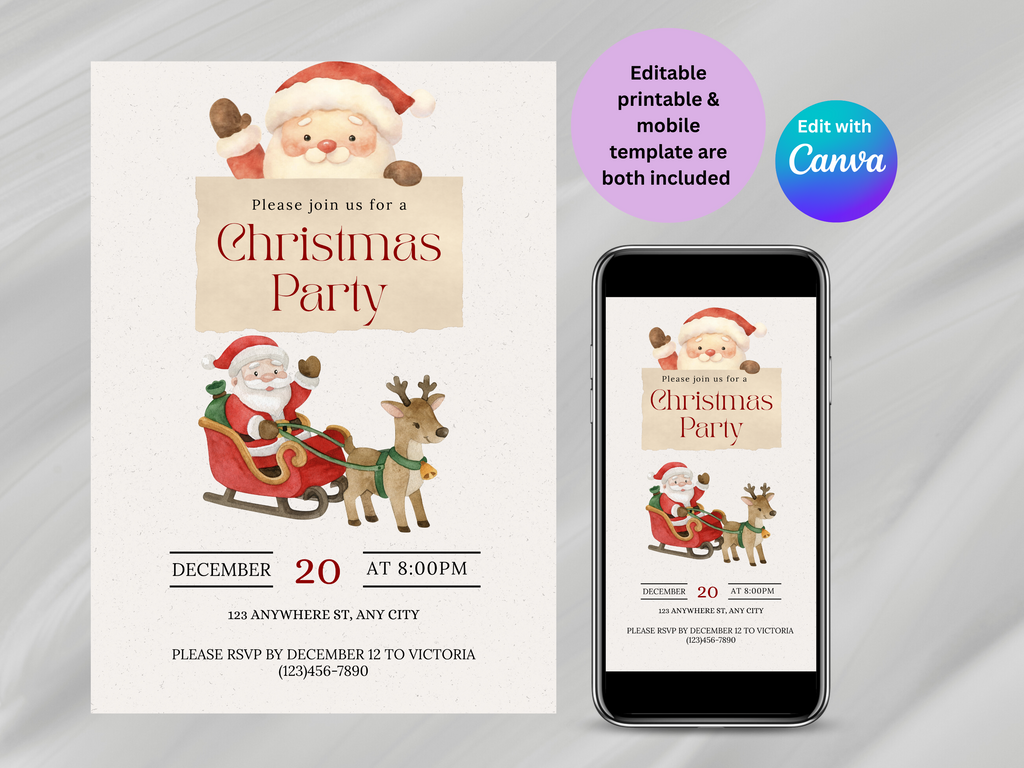 Christmas party invitation with Santa Claus and reindeer, displayed on a phone screen and paper.