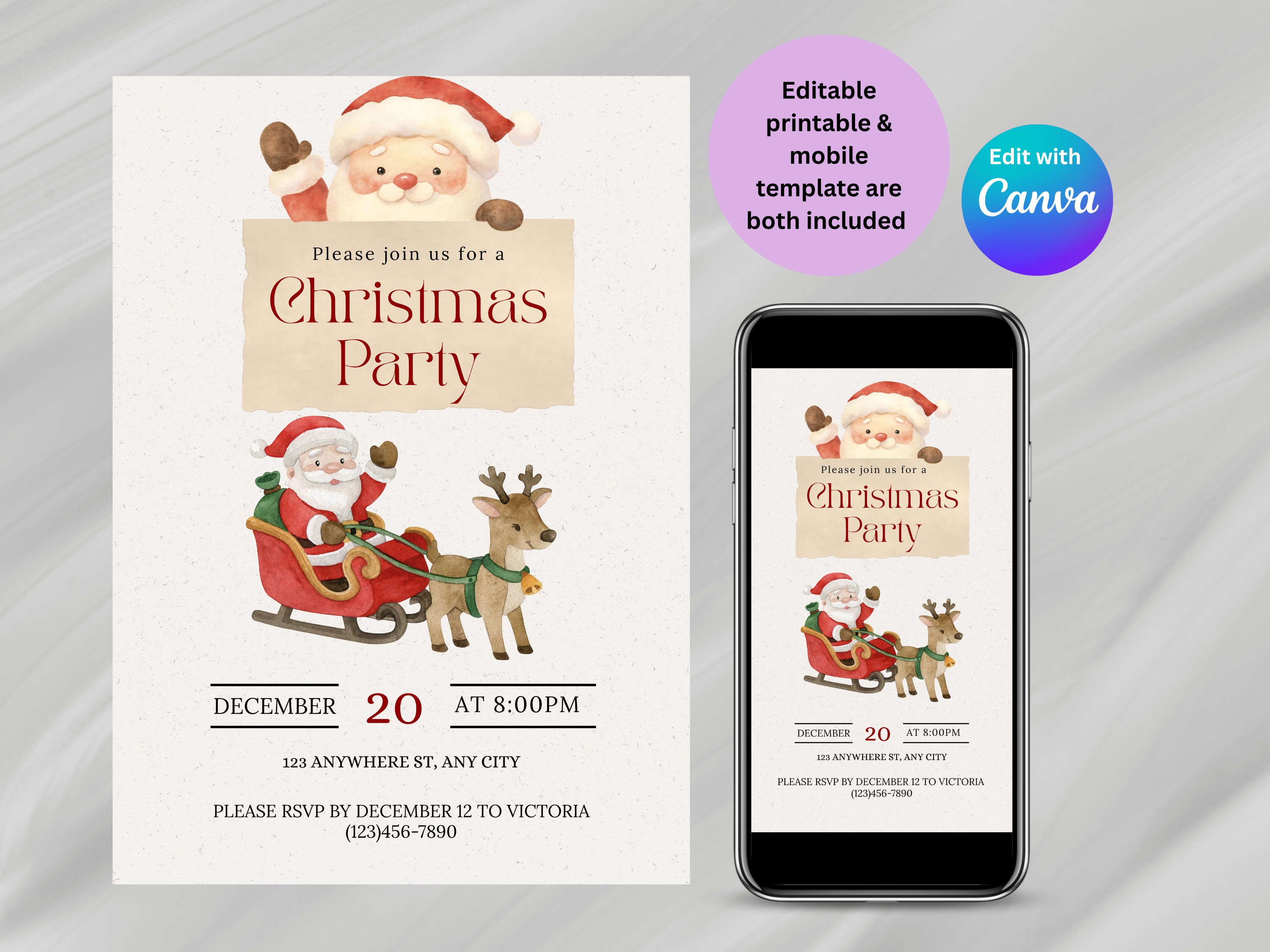 Christmas party invitation with Santa Claus and reindeer, displayed on a phone screen and paper.