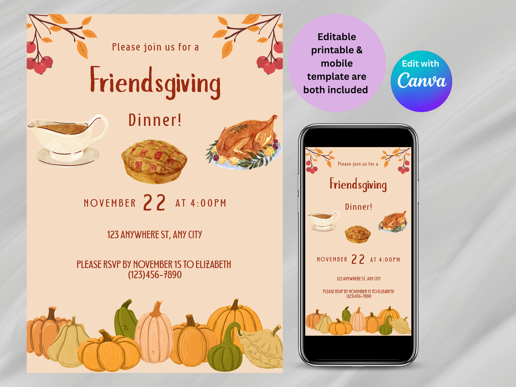 Friendsgiving dinner invitation with pumpkins and a smartphone displaying the invitation.
