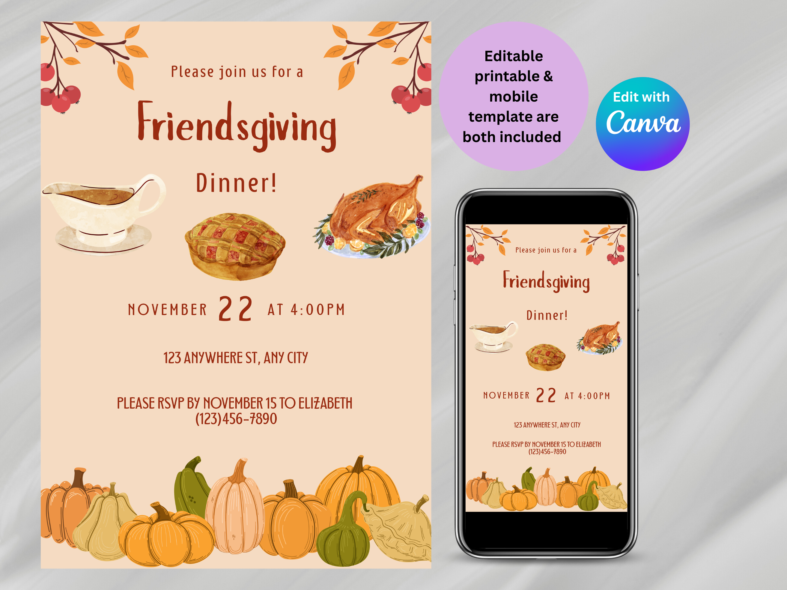 Friendsgiving dinner invitation with pumpkins and a smartphone displaying the invitation.
