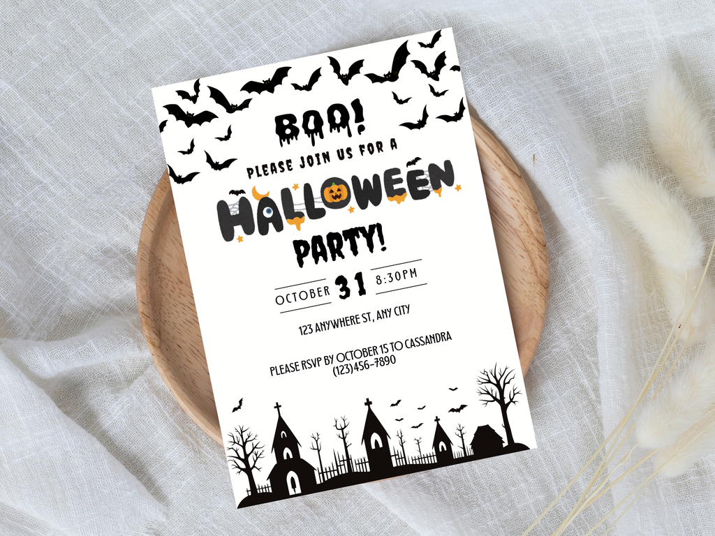 Halloween party invitation with black bats and graveyard design on a white background.