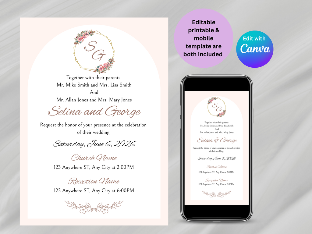 Wedding invitation card with phone displaying the same design on a gray background