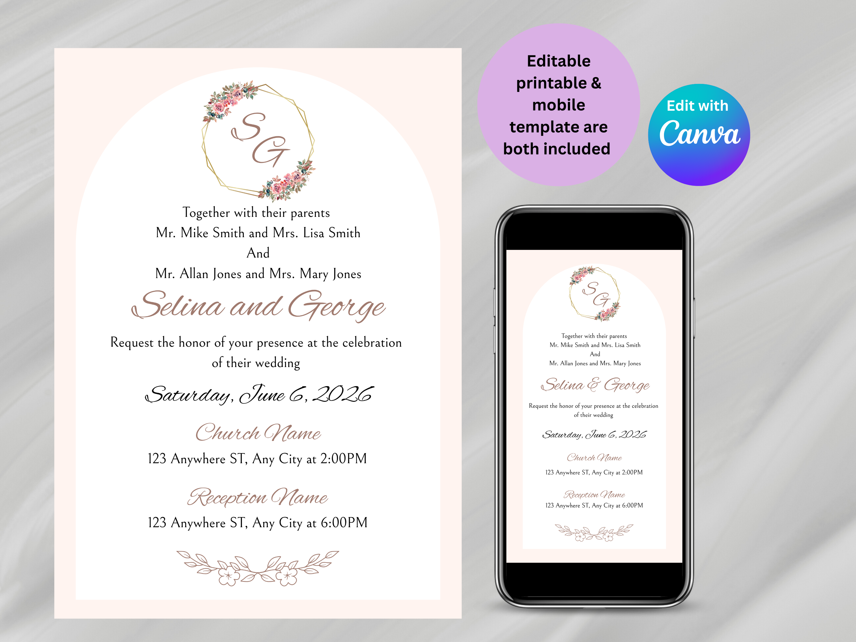 Wedding invitation card with phone displaying the same design on a gray background