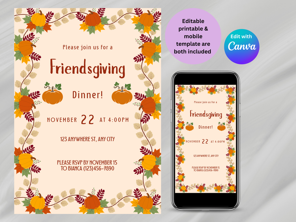 Friendsgiving dinner invitation with pumpkins and leaves, displayed on a phone screen.
