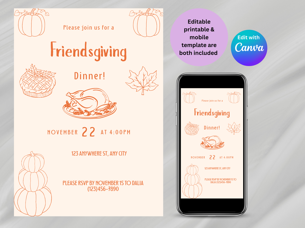 Friendsgiving dinner invitation with smartphone displaying the same design, featuring Edit with Canva text.