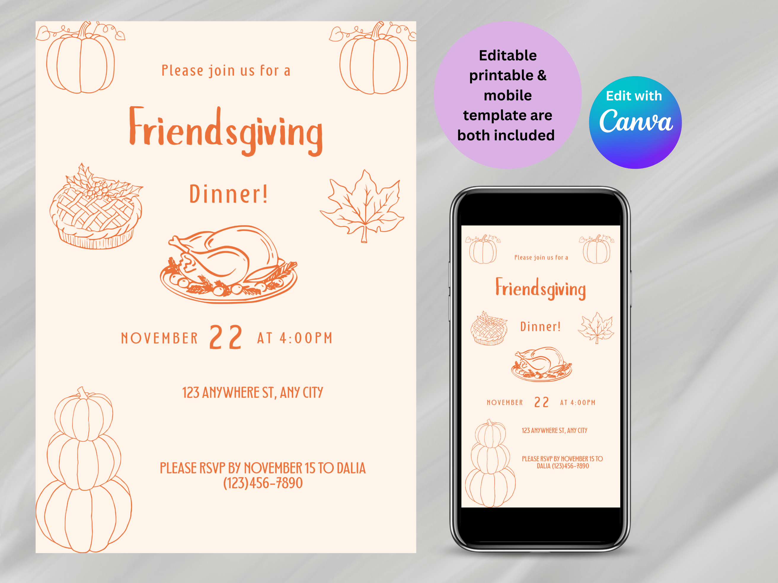 Friendsgiving dinner invitation with smartphone displaying the same design, featuring Edit with Canva text.