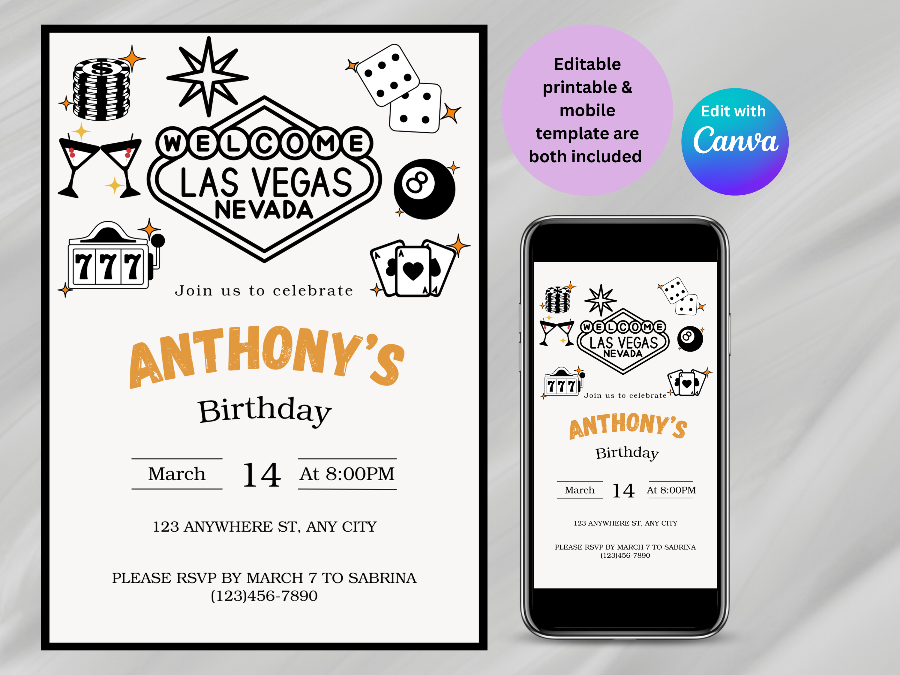 Las Vegas-themed birthday invitation with editable text on a smartphone screen.