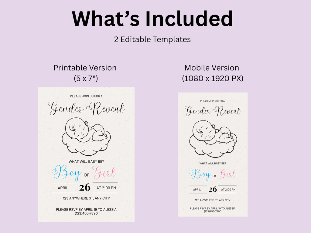 Hand-Drawn Baby Gender Reveal Editable Digital Invitation (Printable & Mobile versions included)