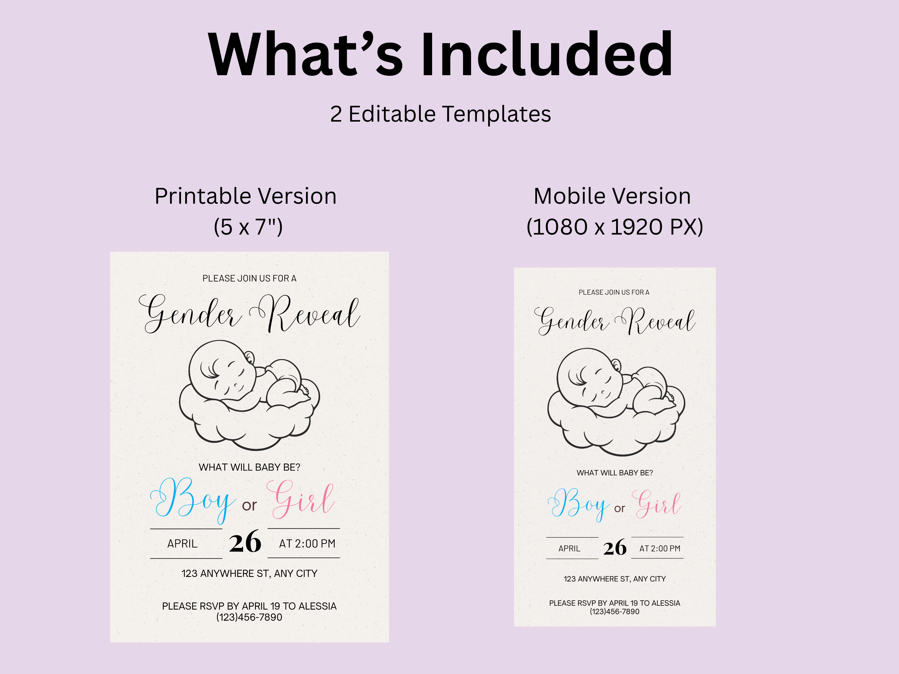 Hand-Drawn Baby Gender Reveal Editable Digital Invitation (Printable & Mobile versions included)