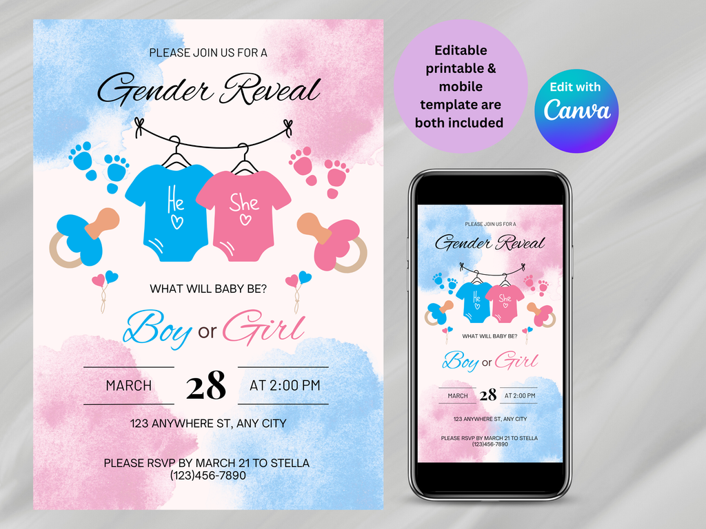 Baby gender reveal invitation. one printable and one on a mobile device blue and pink paint splatter boy or girl