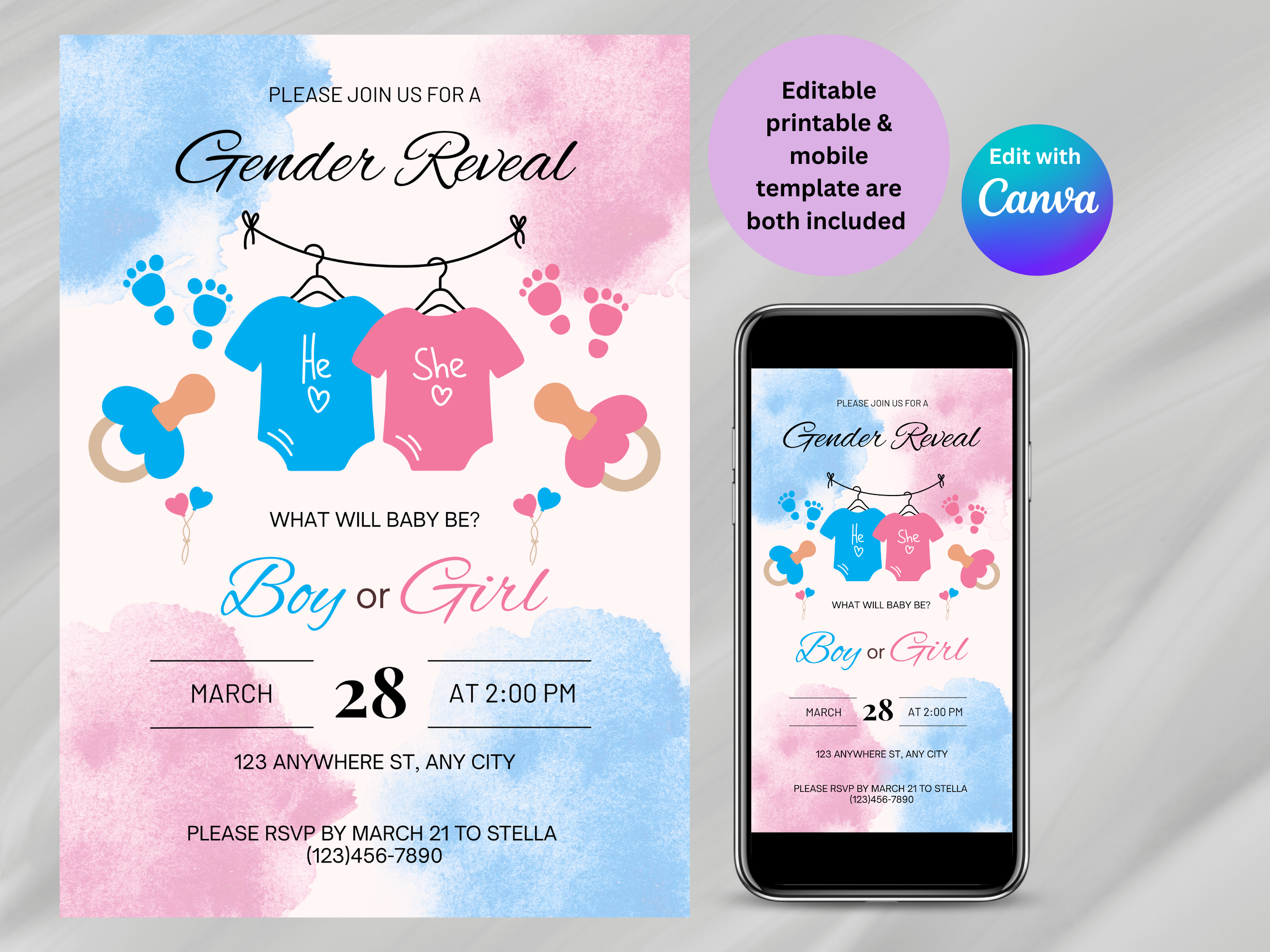 Baby gender reveal invitation. one printable and one on a mobile device blue and pink paint splatter boy or girl
