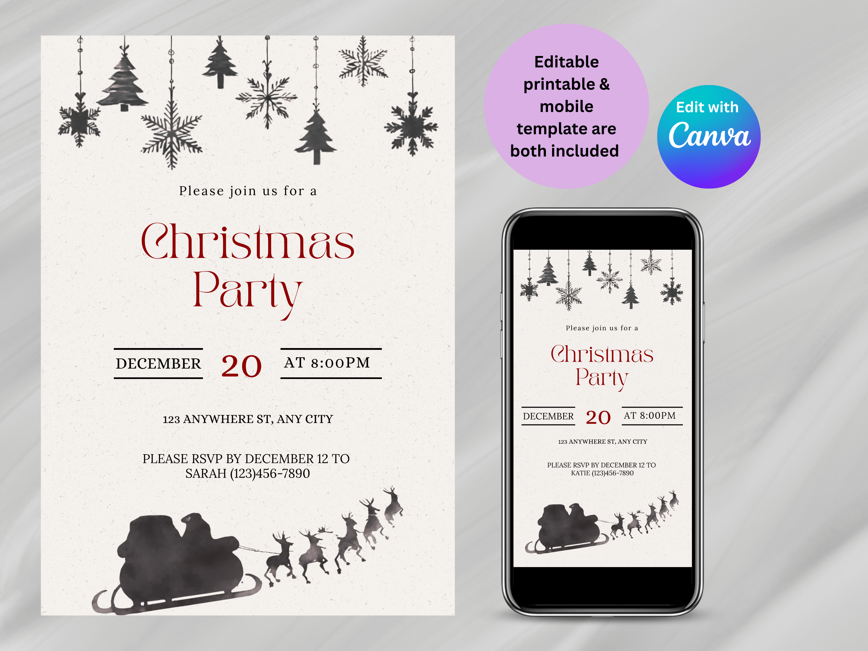 Christmas party invitation with Santa Claus and reindeer, displayed on a phone and paper.