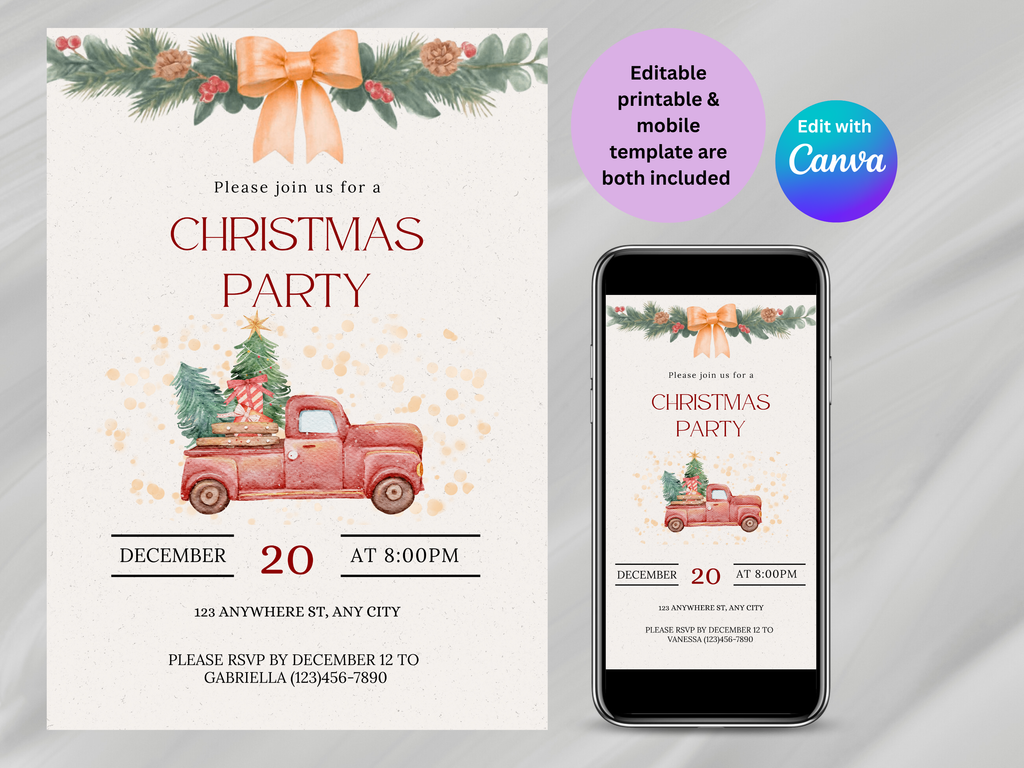 Christmas party invitation with a truck and trees, displayed on paper and a phone.