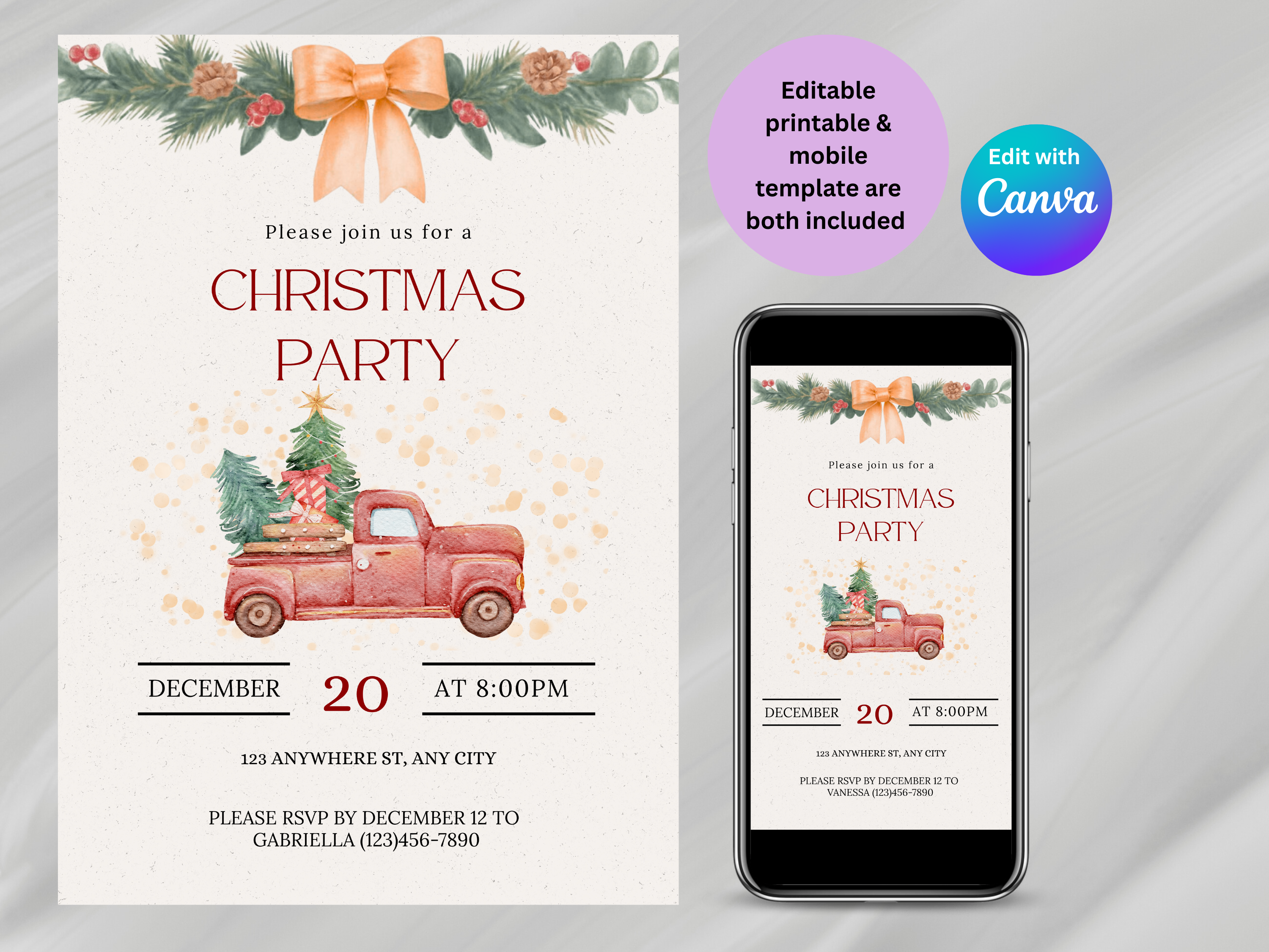 Christmas party invitation with a truck and trees, displayed on paper and a phone.