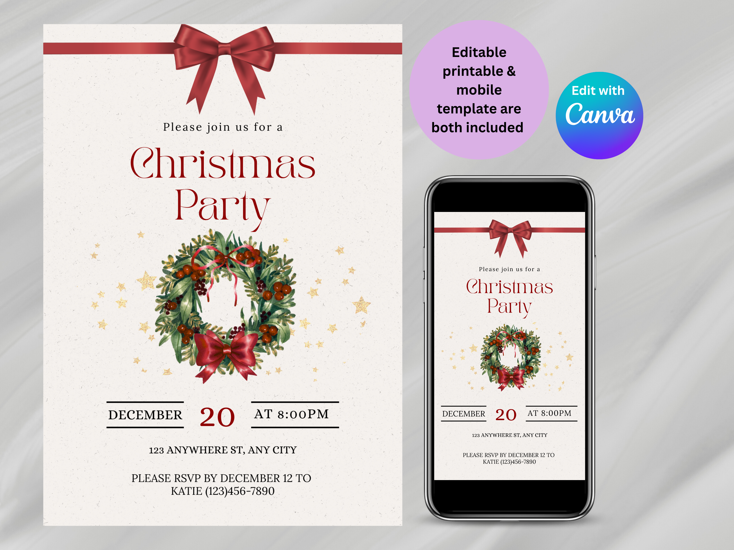 Christmas party invitation with wreath and bow design, displayed on a phone screen.