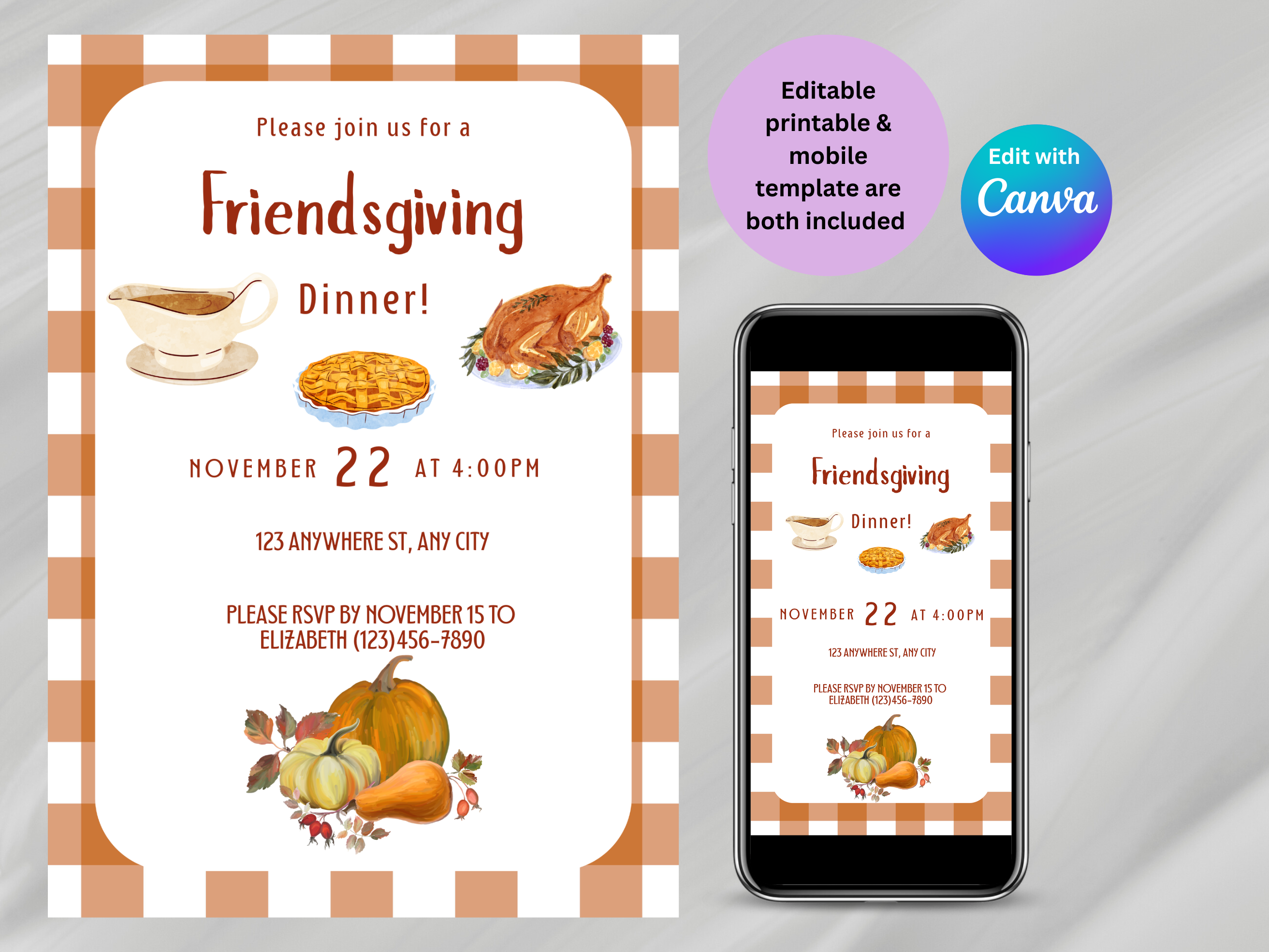 Gingham Pattern Friendsgiving Dinner Digital Invitation (Printable & Mobile versions included)