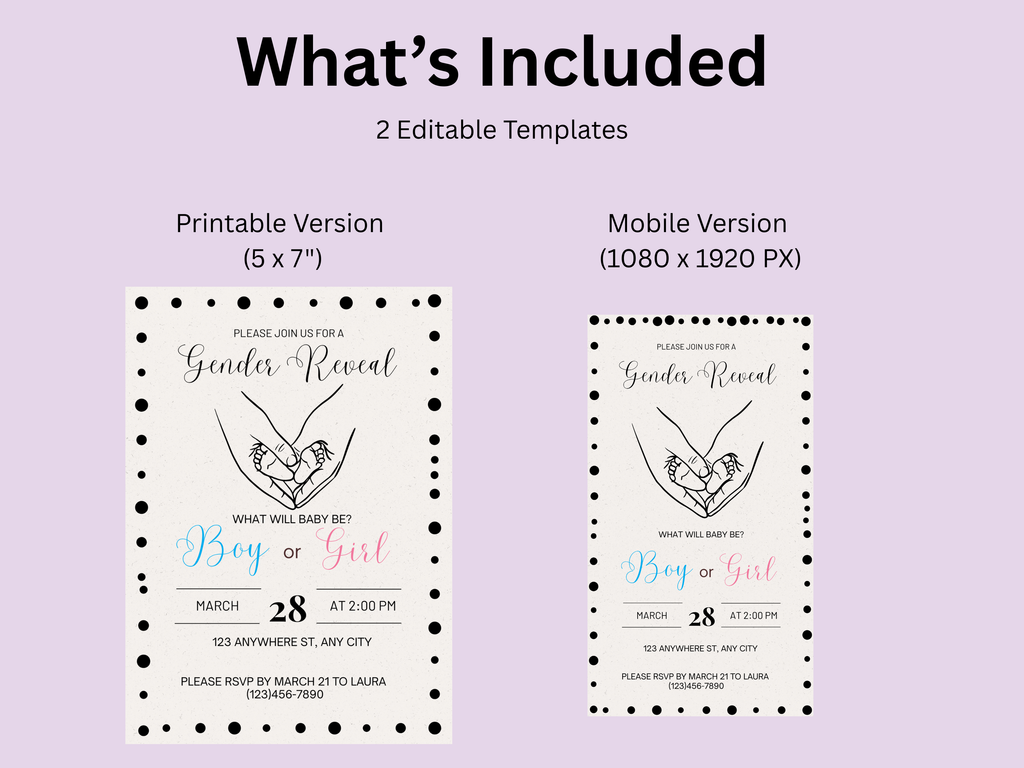 Gender reveal invitation templates for printable and mobile versions on a light purple background.