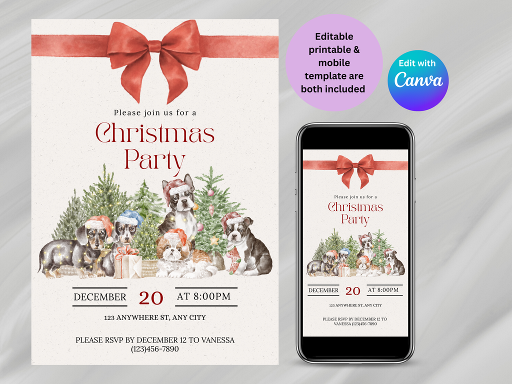 Christmas party invitation with dogs, bow, and Canva branding on a smartphone.