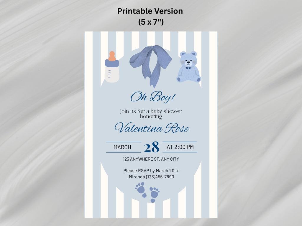 Baby shower invitation with blue and gray design on a striped background