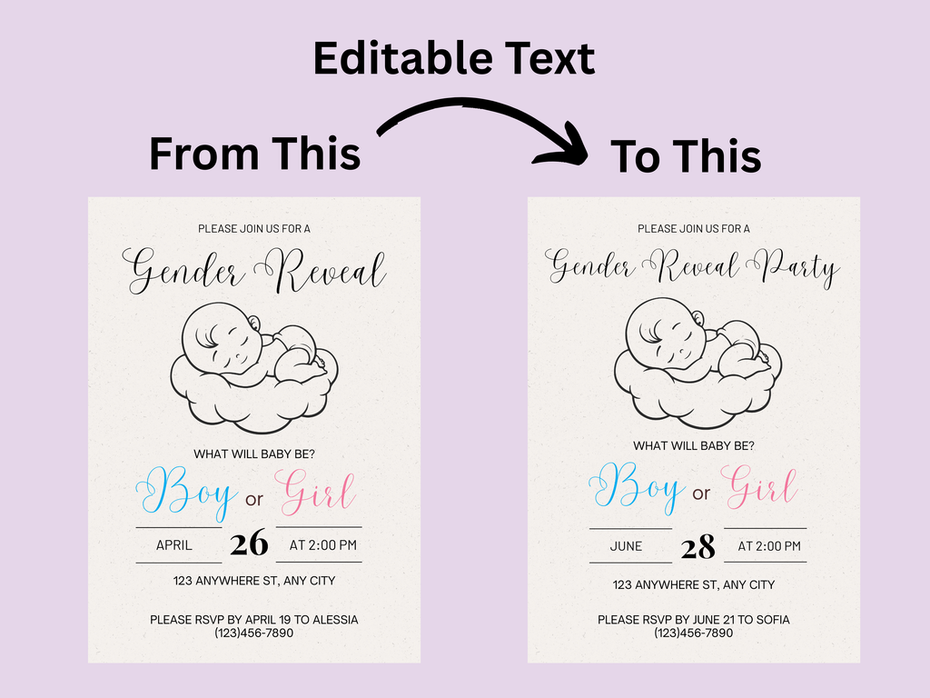 Gender reveal party invitation with editable text on a light purple background
