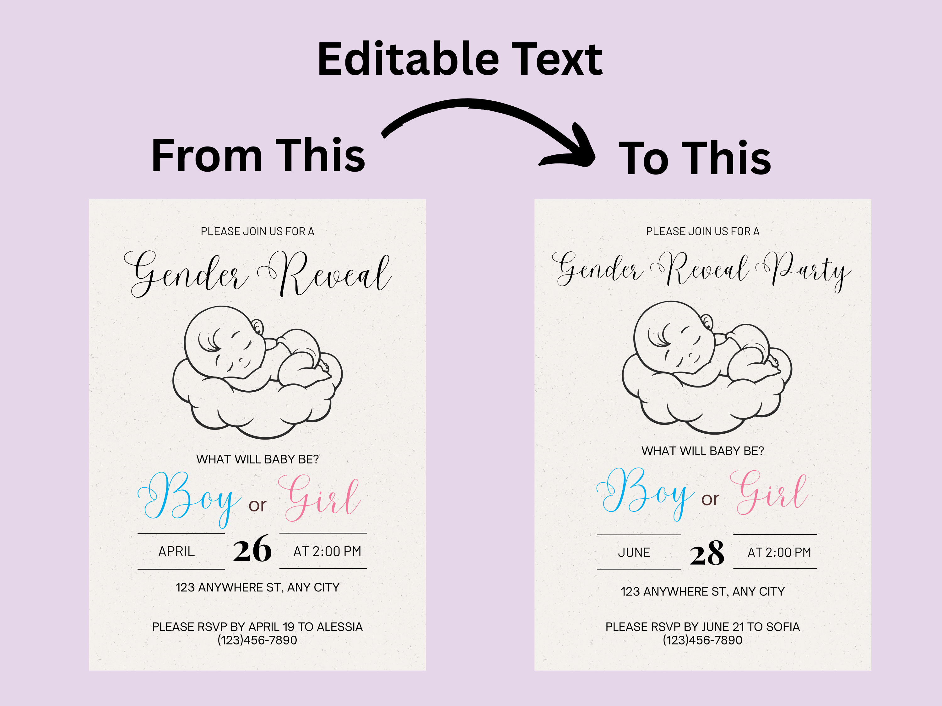 Gender reveal party invitation with editable text on a light purple background