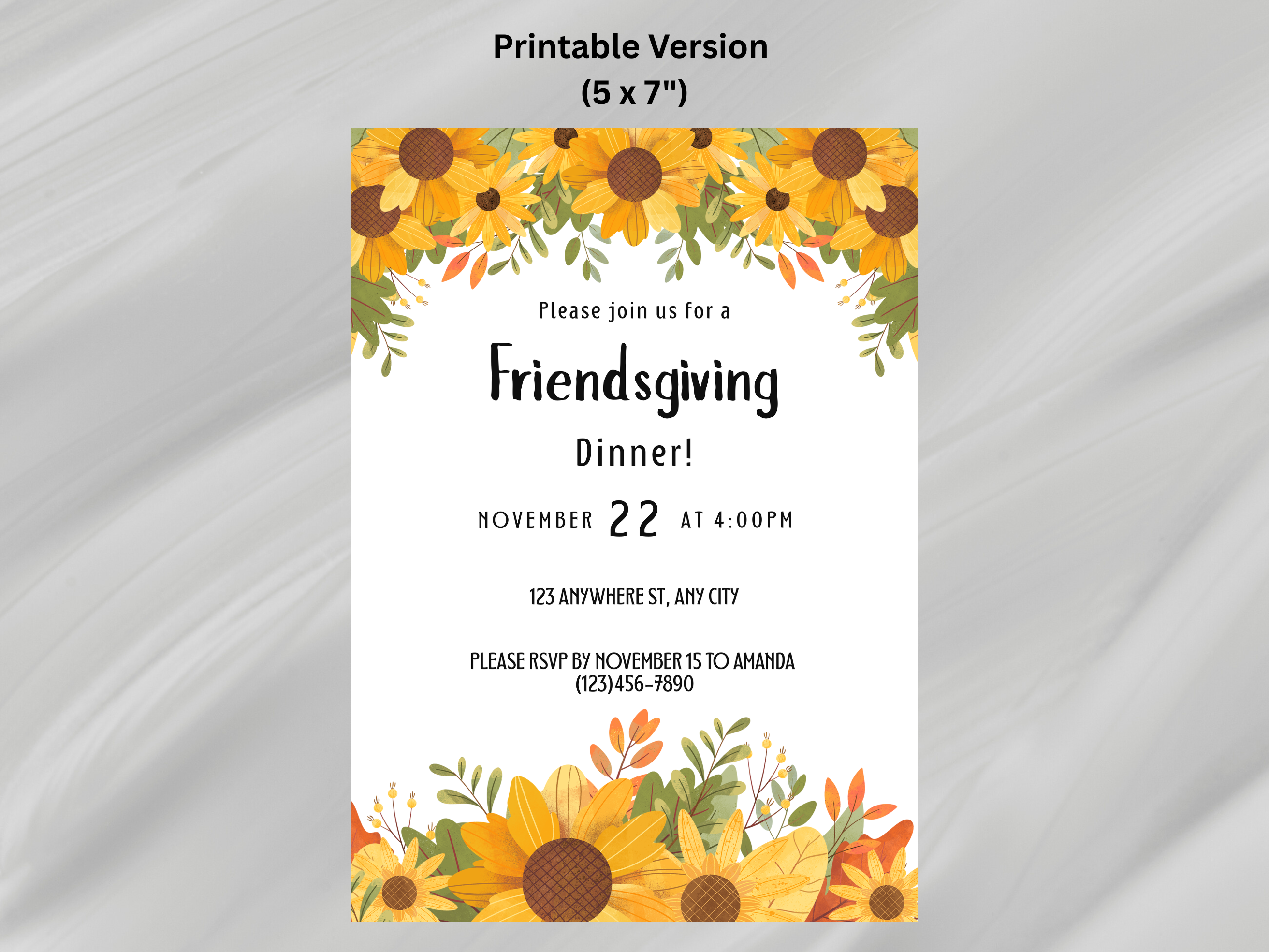 Invitation card for a Friendsgiving dinner with sunflower design on a gray background