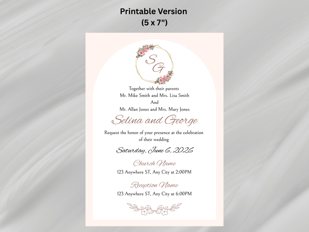 Wedding invitation card with floral design and text on a gray background