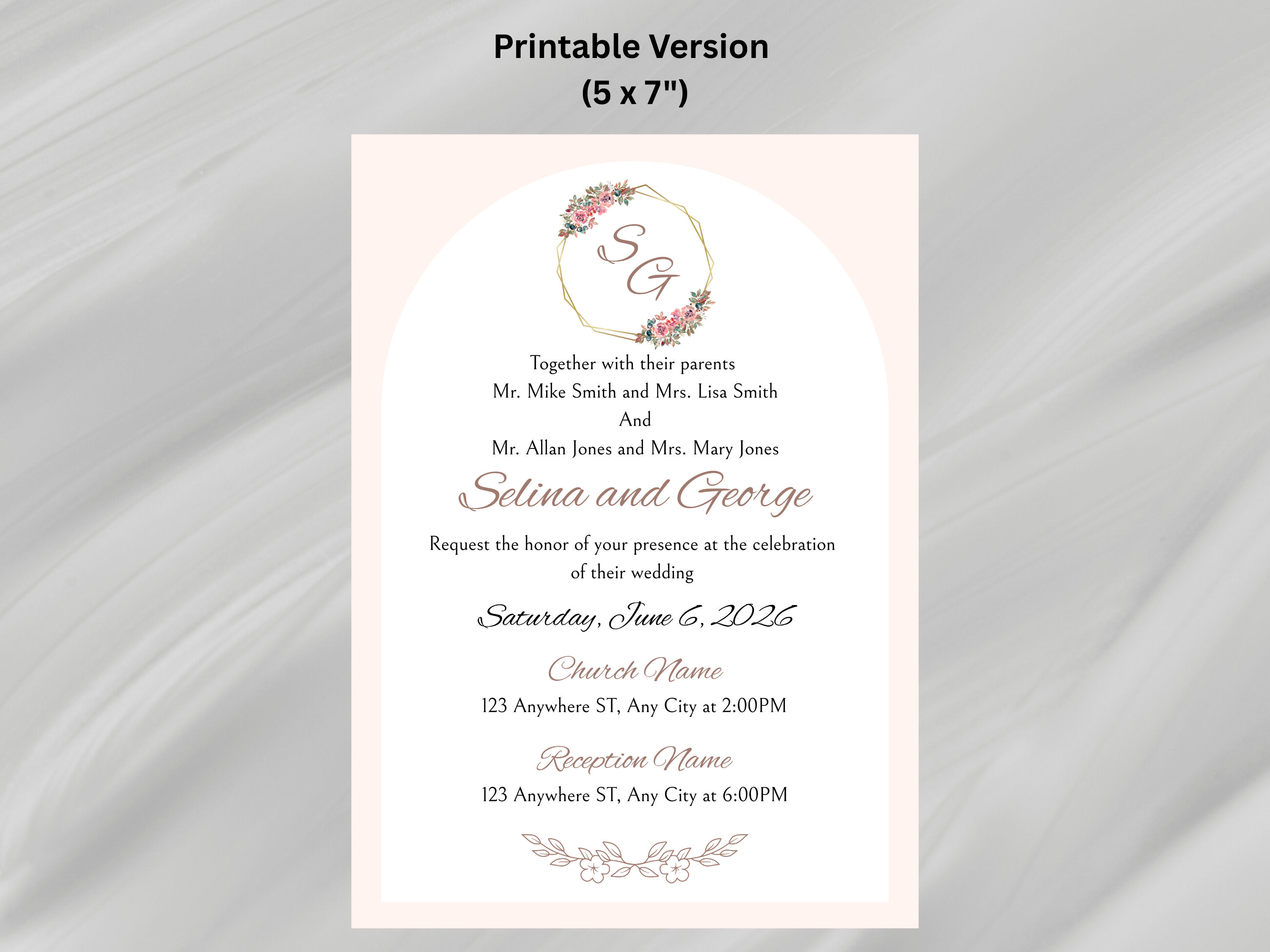 Wedding invitation card with floral design and text on a gray background