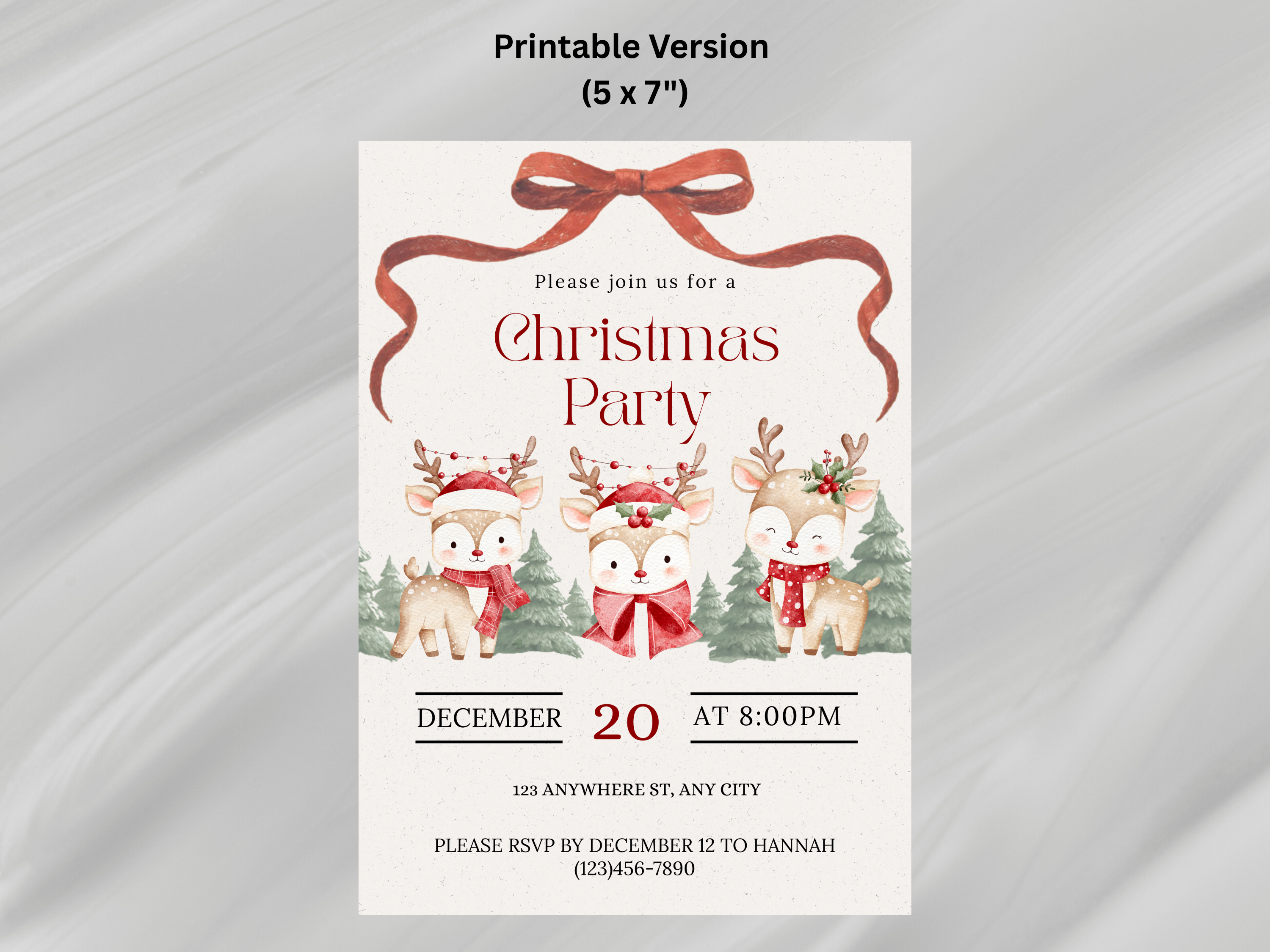 Christmas party invitation with reindeer and a bow on a white background