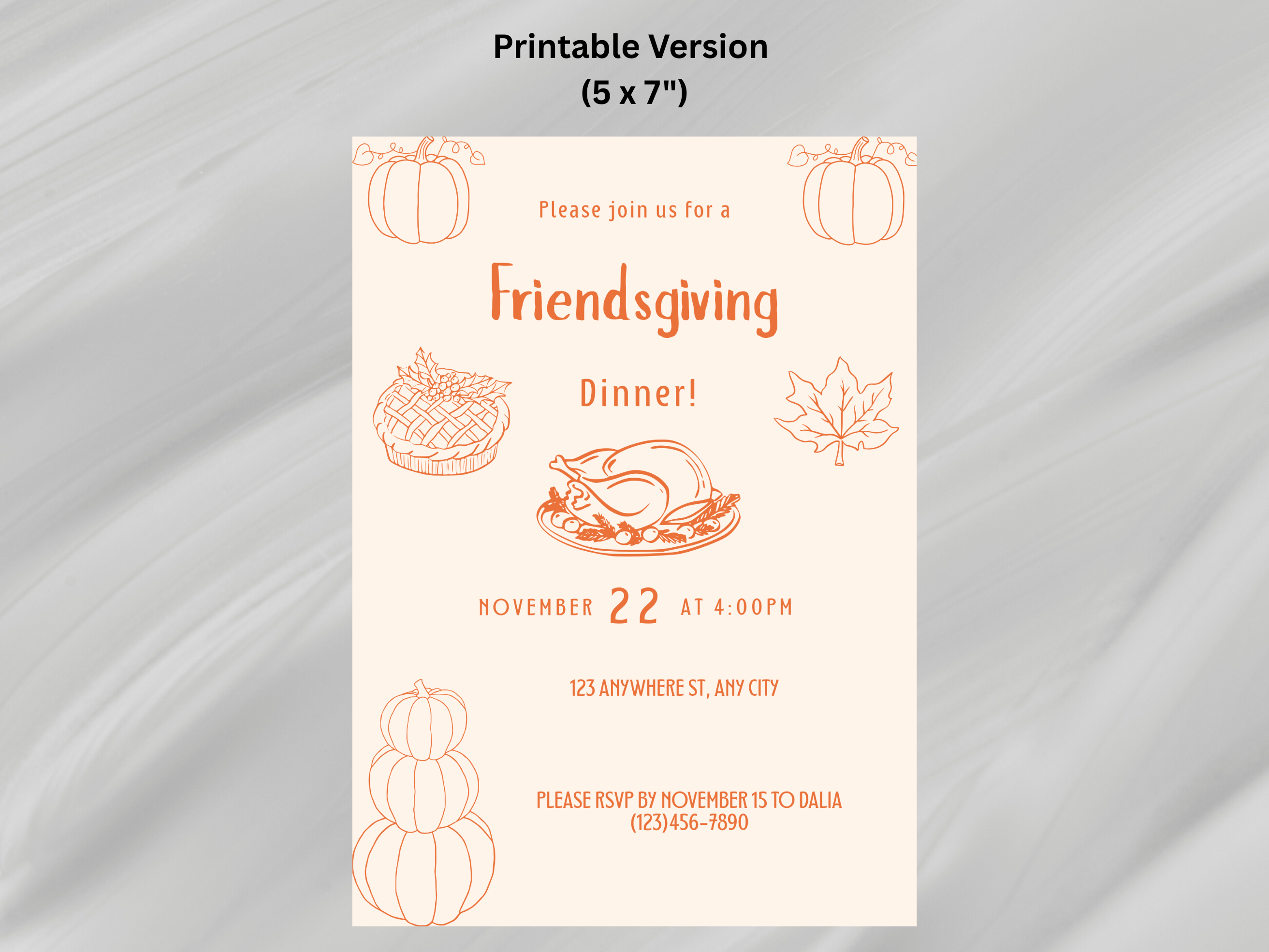 Friendsgiving dinner invitation card with pumpkins and leaves on a beige background