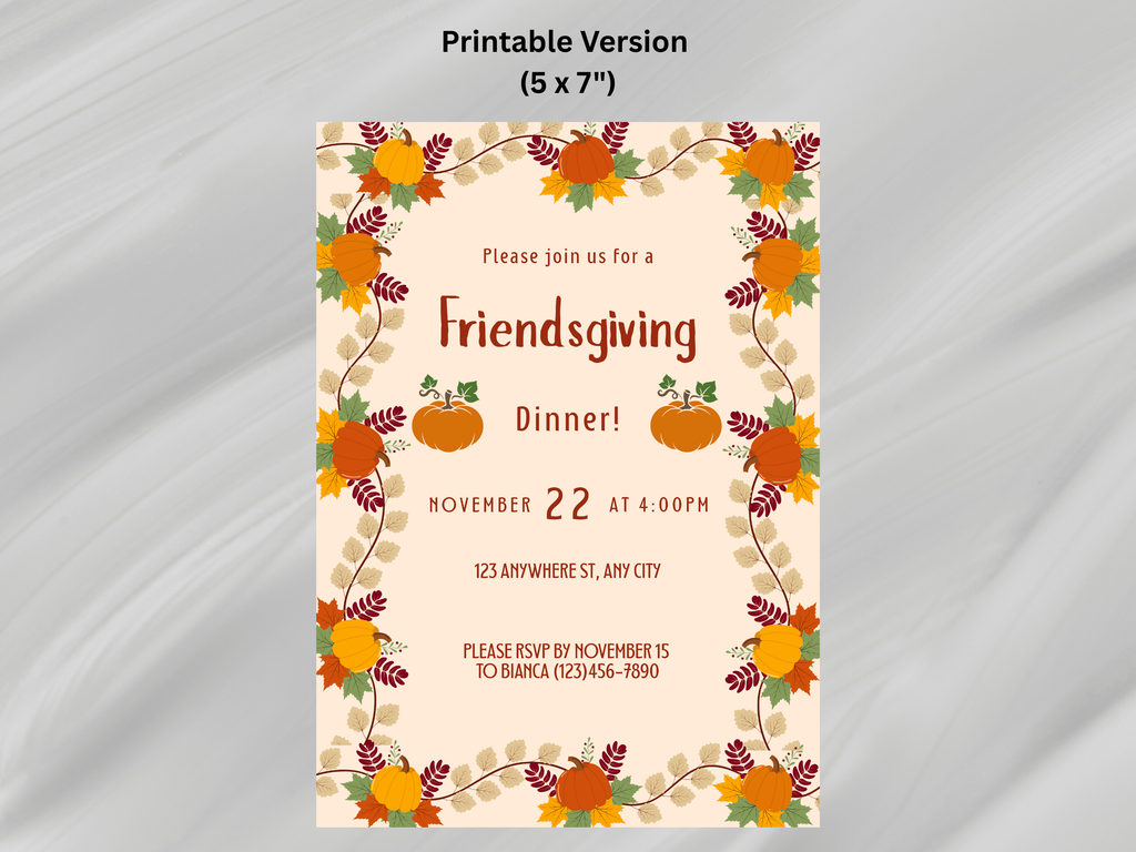 Friendsgiving dinner invitation with pumpkins and leaves on a beige background