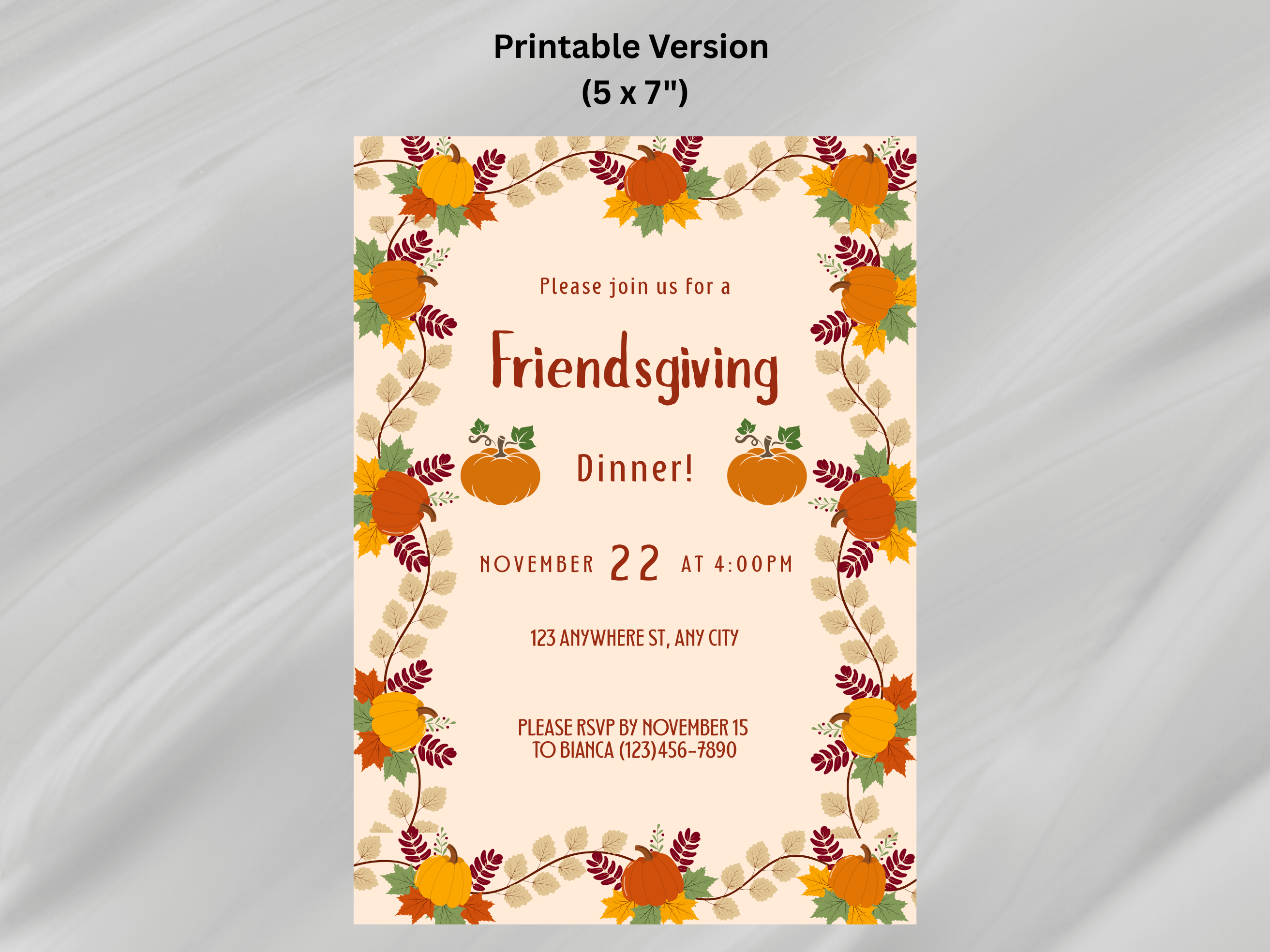 Friendsgiving dinner invitation with pumpkins and leaves on a beige background