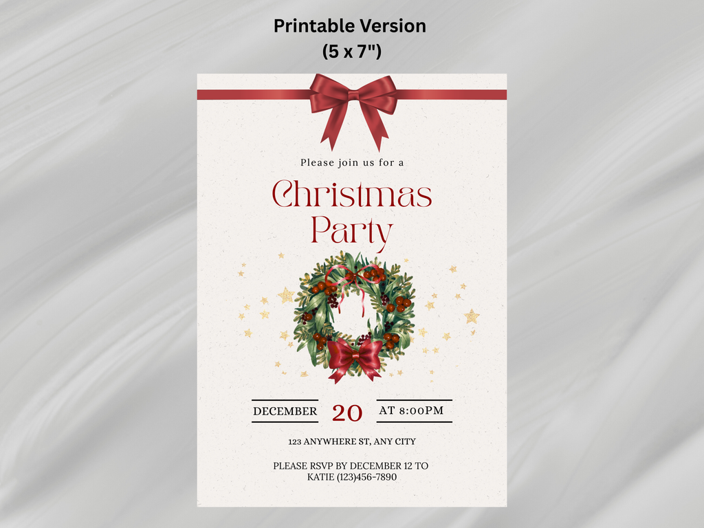 Christmas party invitation with wreath and bow on a white background